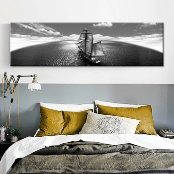 

Canvas Paintings Living Room Wall Art Frame Black White Ship Boat Ashore Landscape Poster HD Prints Pictures Home Decor