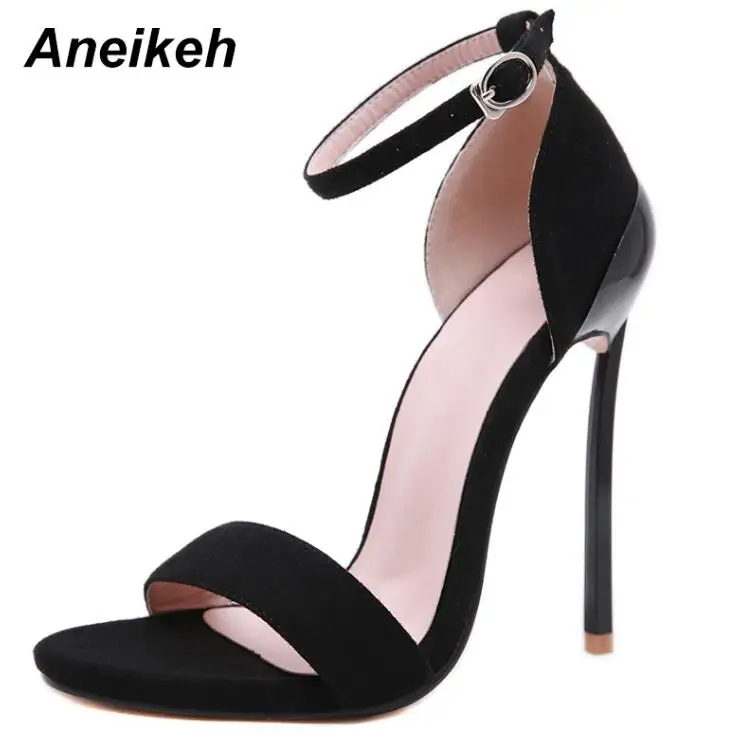 Aneikeh/женские босоножки из флока на каблуке Туфли-лодочки с ремешком на щиколотке в римском стиле на шпильке с открытым носком модельные туфли из органической кожи на очень высоком каблуке размеры 41, 42 - Цвет: Black