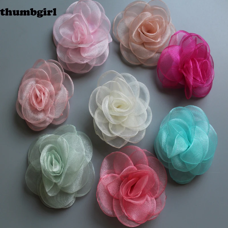 

30pcs/lot 3" 15color Newborn Gauze Layered Flower+Rhinestone For Girls Hair Accessories Rose Fabric Flowers For Headbands