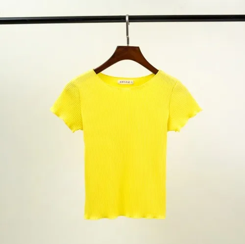 Новая Летняя женская футболка, Модная трикотажная футболка с коротким рукавом, топ с круглым вырезом, Женская Повседневная футболка - Цвет: yellow O