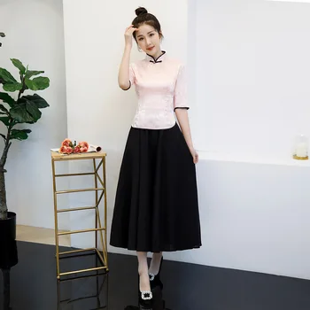 

New Summer Women's 2pcs Shirt Skirt Sets Vintage Chinese Lady Blouse Tops Suit Button Cheongsam Qipao Mujer Camisa Size S-XXL