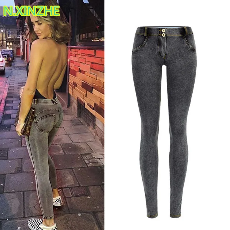 

2019 women clothing Low waist snow wash pure cotton gray jeans Female fashion sexy lift hip skinny stretch denim pencil pants