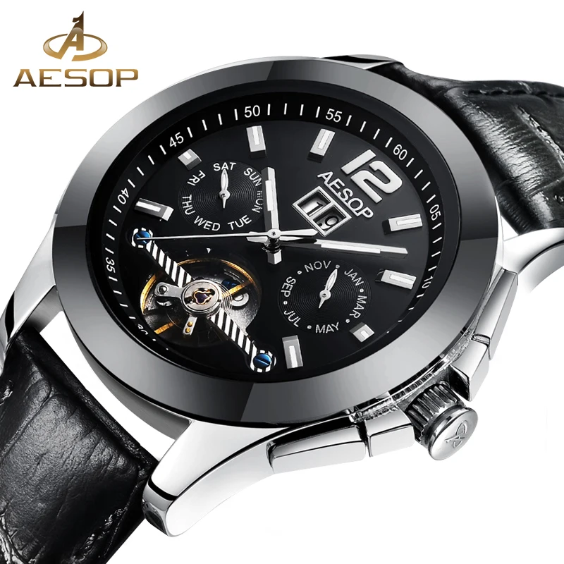 

AESOP Business Men Watch Mechanical Men Wrist Wristwatch Hollow Skeleton Male Clock Famous Brand 2018 Relogio Masculino New 46