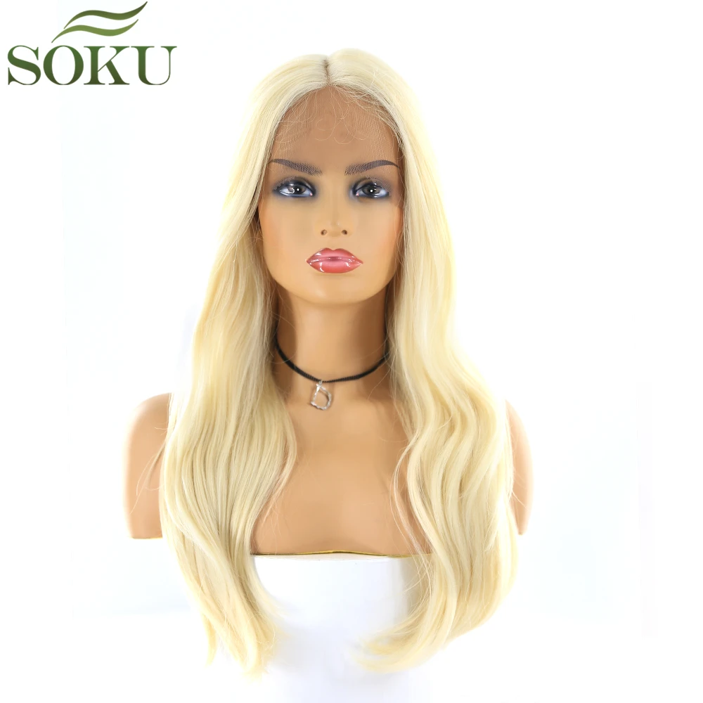 

Blonde Synthetic Lace Front Wigs SOKU 16 Inch Straight Middle Part 613 Color Wig Glueless Heat Resistant Fiber Wig For Women