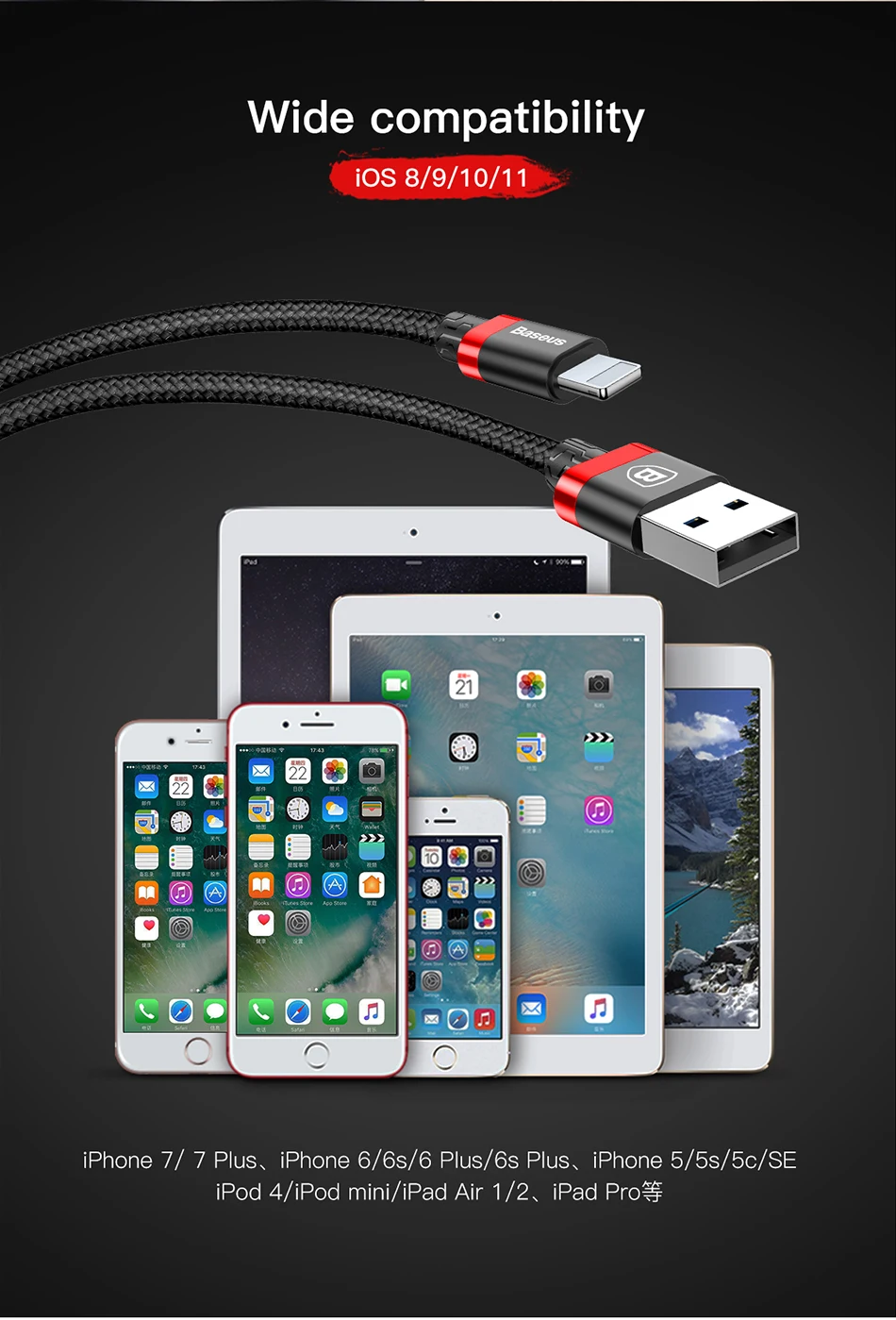 Usb-кабель Baseus для iPhone X, 7, 6, 6 S, 5, 5S, se, iPad Air, Mini 3, 4, Pro, 2A, Высокоскоростная синхронизация данных, зарядное устройство, кабели для мобильных телефонов