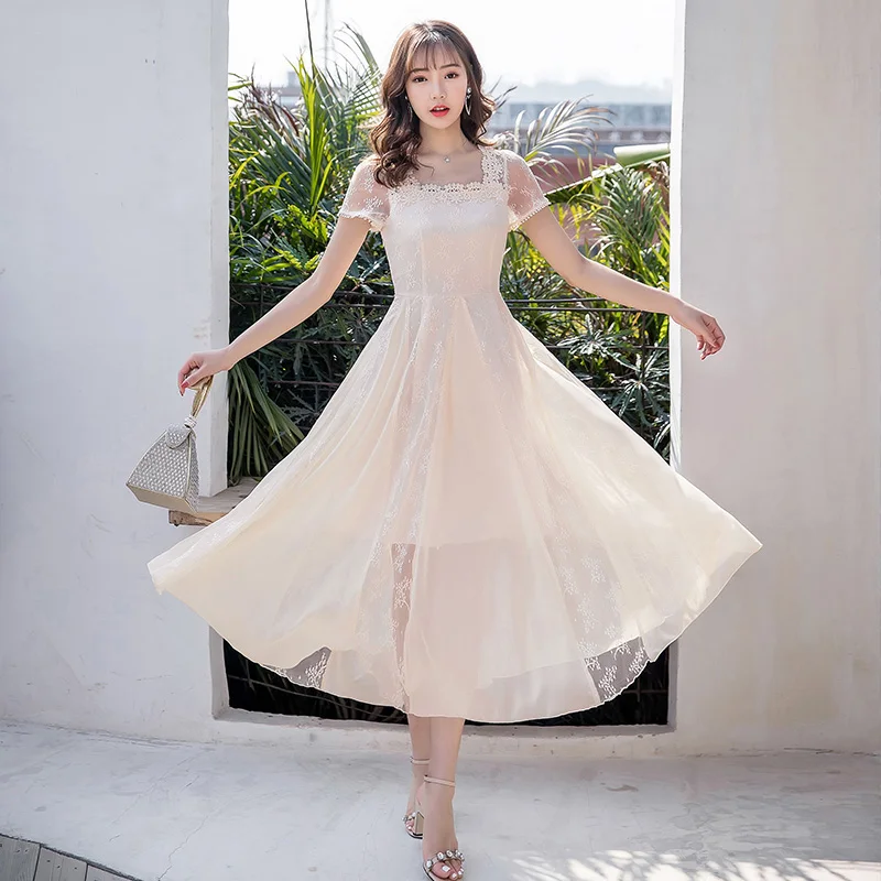

2019Summer Ladies long Chiffon Dress Elegant longos Vestidos square collar lace patchwork Casual Bohemian beach dresses M-XXXXXL