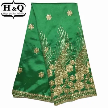 

H&Q High Quality African George Satin Lace Fabric with sequins Green Indian Silk Embroidered George Lace Fabric For Dress