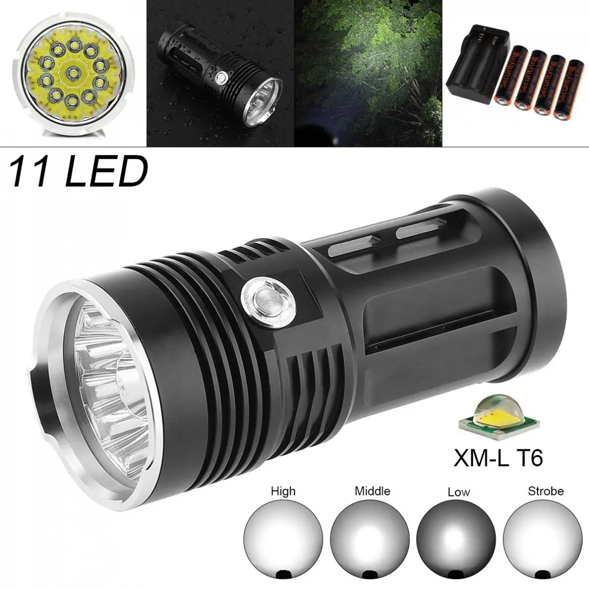 

LED Flashlight Waterproof 2600 Lumens Super Bright Lamp 11 x XML-T6 + 4x18650 3.7V 1800mAh Rechargeable Li-ion Battery