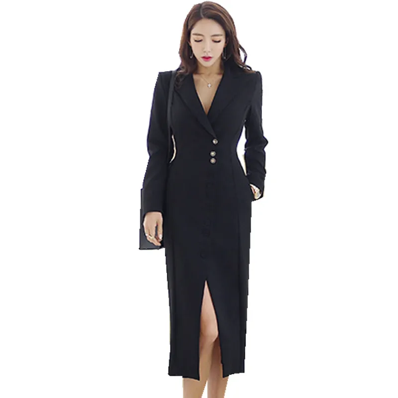 Деловое облегающее женское платье осень зима Формальное черное однобортное платье для работы офисное Фигурное облегающее платье с разрезом - Цвет: Черный