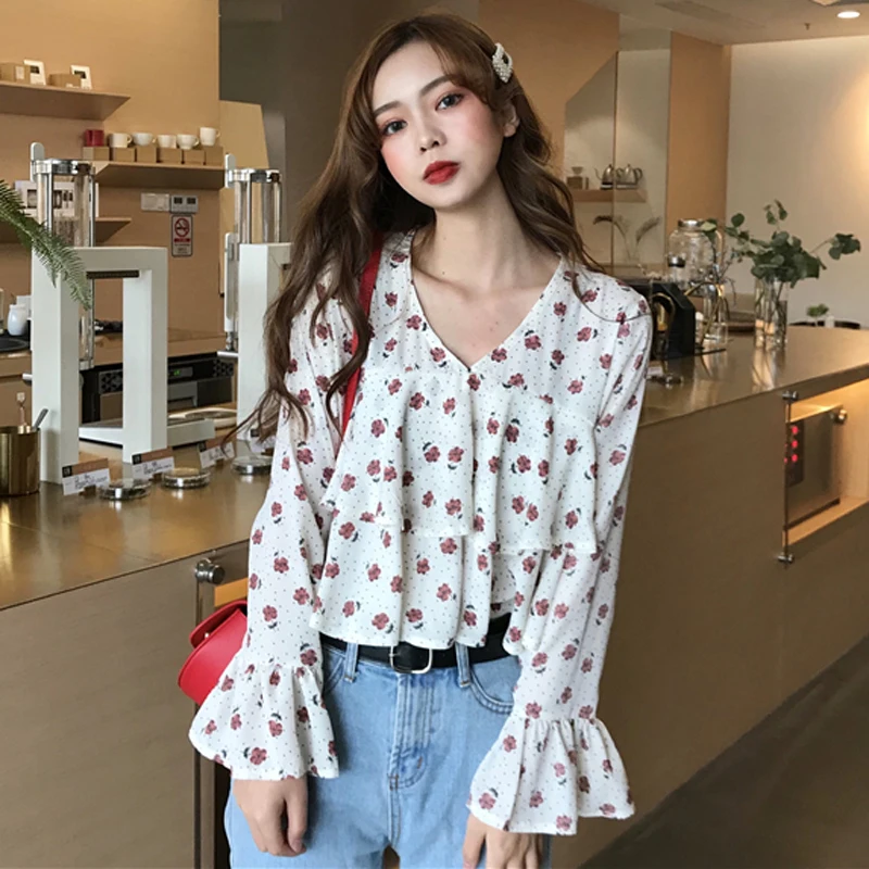 

japan floral designer fashion brand spring summer Women Blouses lady crop Tops ruffles Shirts chiffon blusa vetement femme black