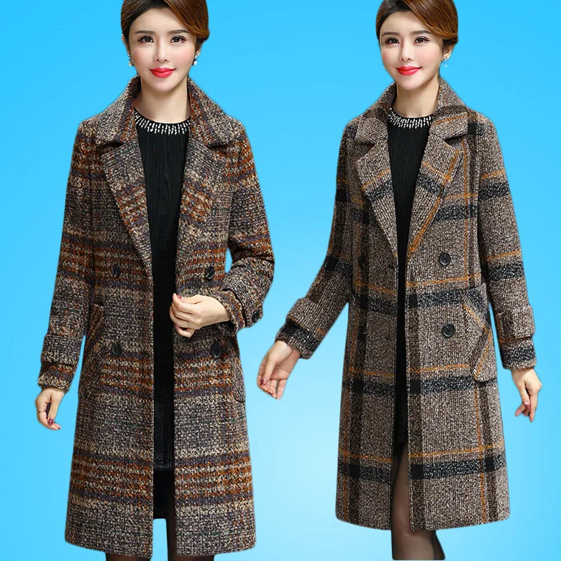 

Large size Casual coat Female Autumn Winter clothing New lattice Woolen Overcoat Fashion Long sleeve slim Women wool coat 5XL