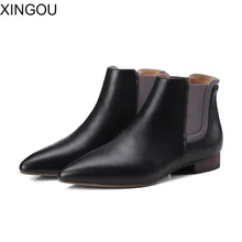 Новинка, весенние сапоги из натуральной кожи женские Fashion2018 женские Челси ботинки; женская обувь на низком каблуке; однотонная; женские ботинки «Мартенс»; острый носок; ботильоны женские ботинки