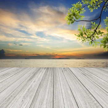 

Laeacco Sea Sunset Scenic Green Leaves Wooden Board Photography Backgrounds Customized Photographic Backdrops For Photo Studio