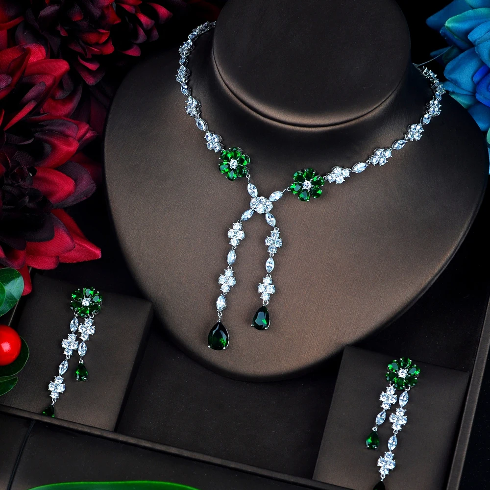 Hibride роскошь длинные серьги с кисточками подвеска-ожерелье ювелирные изделия, комплект с модным дизайном, с красным цветком, женские серьги, Обручение комплект N-658