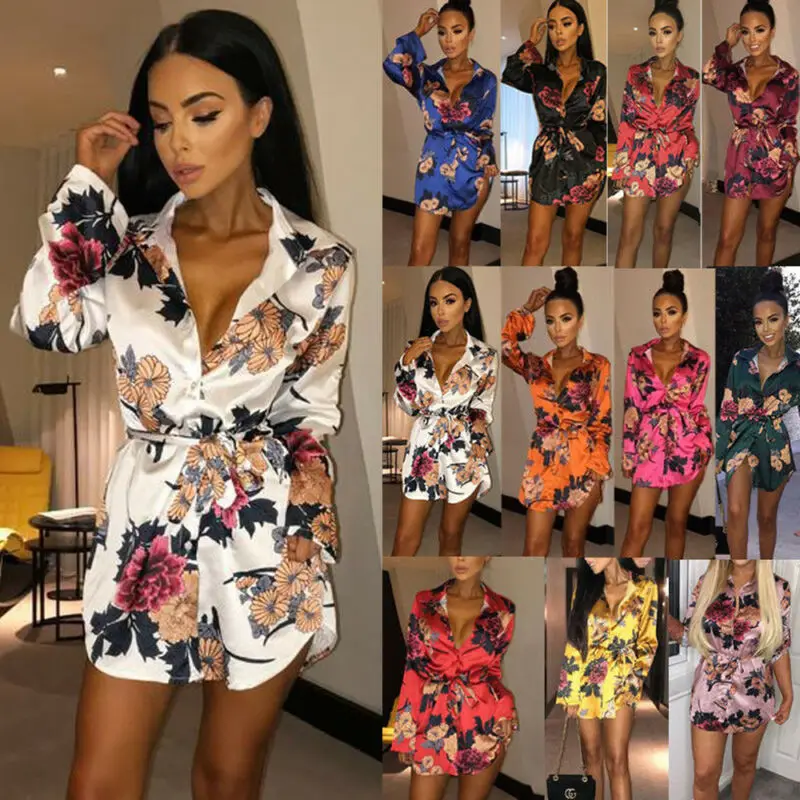 

US Women Foral Satin Silk Long Sleeve Ladies T Shirt Tops Loose Short Mini Dress