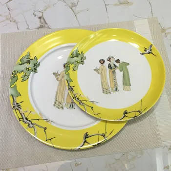 

New Chinese Tableware Set Tang Dynasty Maid Pattern Painting Plate living Room Decoration Yellow flat dish