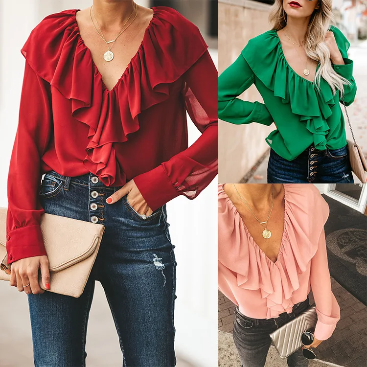 Women Long Sleeve Ruffle Chiffon Blouse 2019 Autumn Sexy Deep V-Neck Shirt Ladies Elegant Vintage Green Boho Top Camisas Mujer | Женская