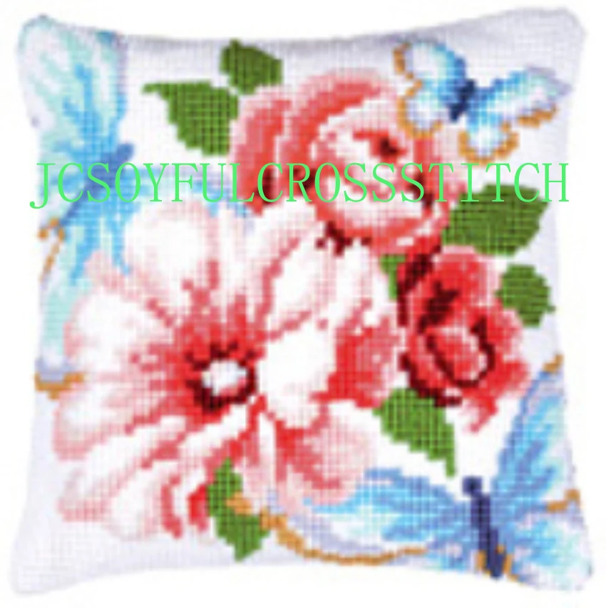 

Pink rose 56 DIY Needlework Kit Unfinished Acrylic Yarn Embroidery Pillow Tapestry Canvas Cushion Front Cross Stitch Pillowcase