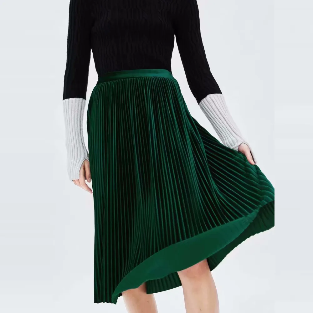 

New Arrival Women Fashion Ankle-length Long Pleated Skirts Lady Spring Winter Autumn Vintage Hight Waist velvet Skirt Dark Green