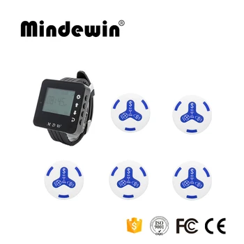 

Mindewin New Restaurant Bar Wireless Call Paging System 1pc Watch Receiver Host +5pcs Transmitter Button Restaurant Equipment