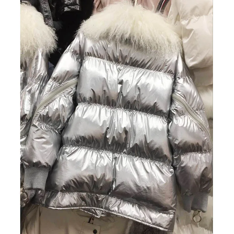 Winter Jacket Women Glossy Down Parka Glossy Long Down Coat Female Warm Thicken Hooded Loose Parkas Real Fur Jackets Waterproof