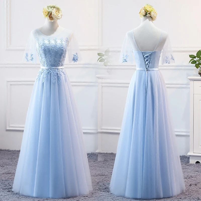 Женское длинное платье с вышивкой коротким рукавом на весну 2019|blue bridesmaid dress|bridesmaid