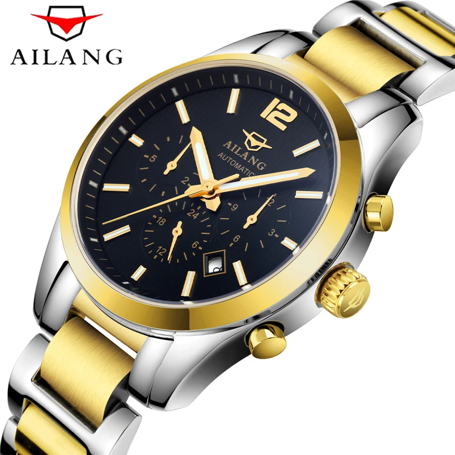 

AILANG Famous Brand men Business Automatic Self Wind watches Auto Date man Fashion mechanical wristwatches Stainless Steel band