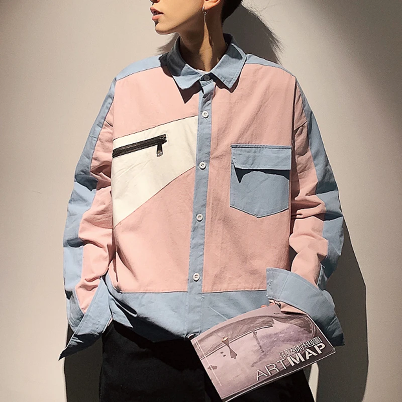 

Men's long sleeve patchwork shirts men harajuku Korean clothes spring xxxxxl 2019 streetwear oversize casual shirt boy CS37