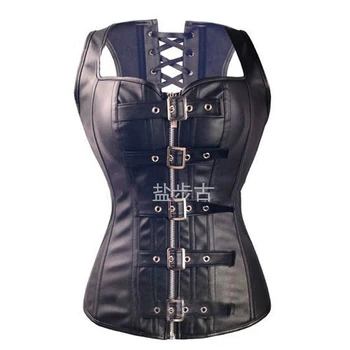 

Free shipping Sexy Black Faux Leather Buckle Overbust Waistcoat Corset Top Steampunk women Bustier Cincher Corselet CO31