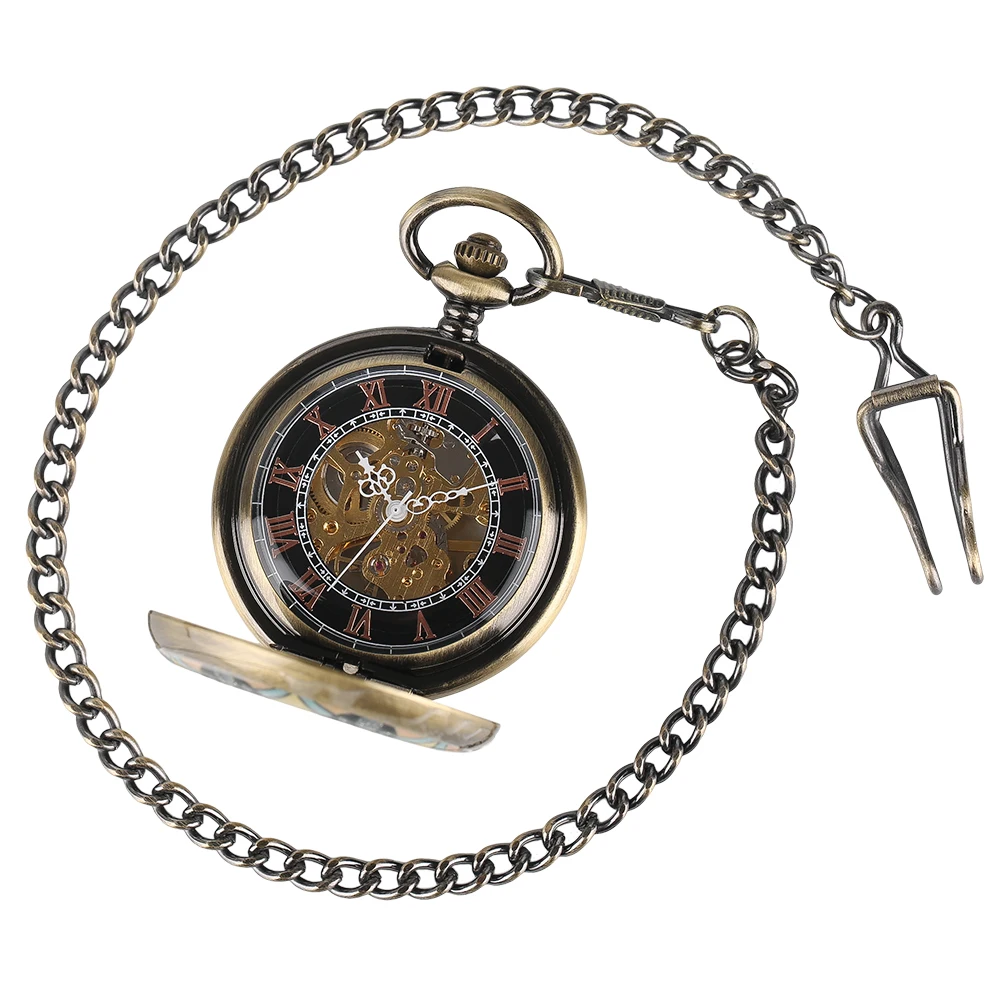 Carving Circle Flowers Pendant Pocket Watch Mens Steampunk Bronze Hand Winding Mechanical Watches Skeleton Hand Around Clock1 (4)