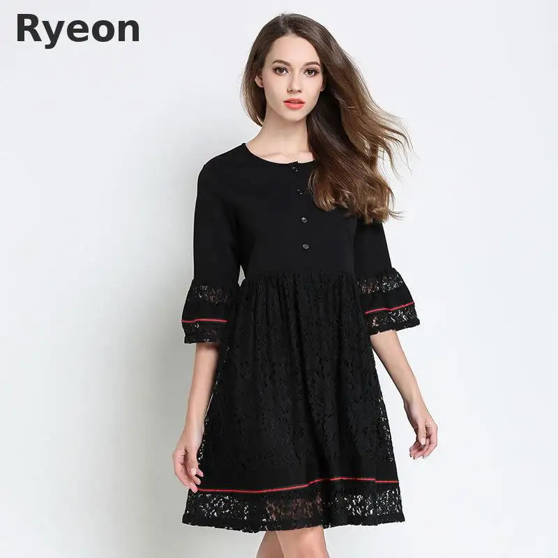 Ryeon 5xl To Xl Lace Dress Women Large Size Half Flare Sleeve Solid A-line Empire Vintage Spring Summer Dresses