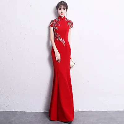 

Red Sexy Chinese Bride Wedding Dress Large Size 3XL 4XL Xestidso Traditional Mermaid Qipao Satin Elegant Long Cheongsam S-131