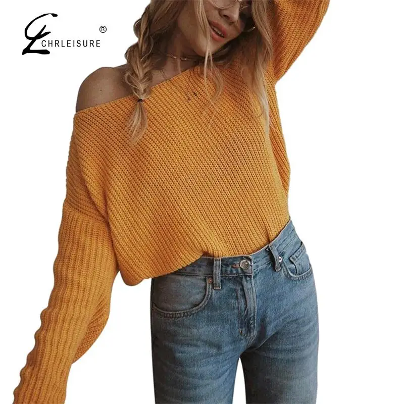 

CHRLEISURE Fashion Female Sweater Autumn And Winter Explosion Women's Sweater Bateau Neckline Off The Shoulder Long