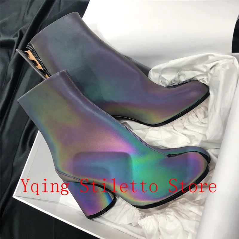 Botas Tobillo Tacones De Zapatos Los Pies Para Separan Marca Reflectantes Gruesos Cuero Mujer Dedos Lujo Pasarela Altos z6qd68w