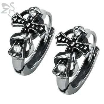 

Fashion Punk Black Cross Hoop Earrings Stainless Steel Round Earrings for Men Women Inlay CZ Crystal Cross Small Huggie Earring