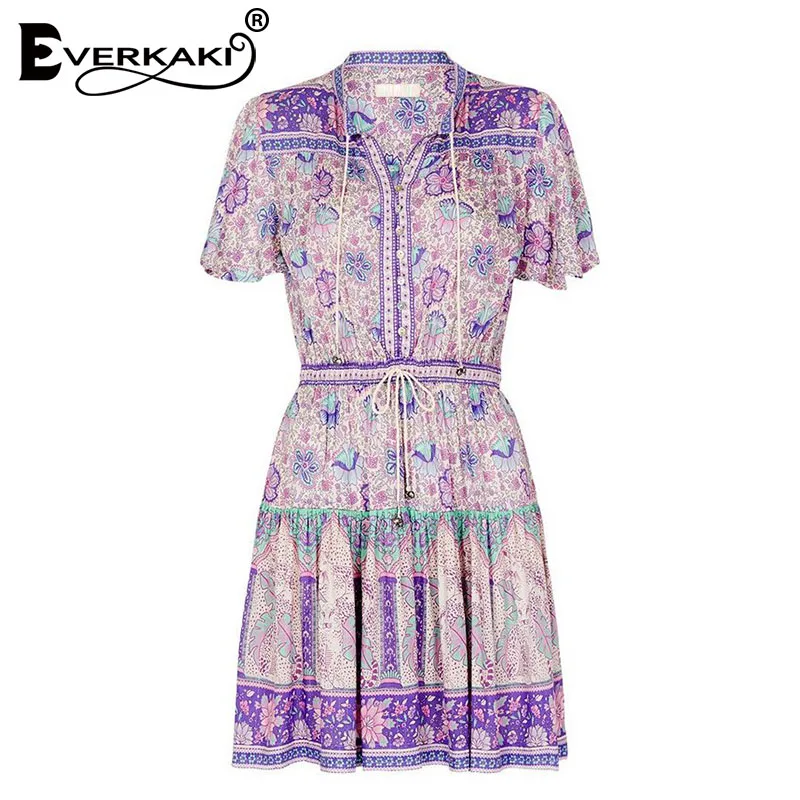 Purple Everkaki/цыганский Бохо-стиль, мини летнее платье с принтом, женские пояса, пуговицы, сиреневый вырез, завязывается, богемное короткое платье, женское, лето-осень - Цвет: Purple