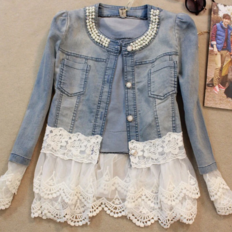 

Lace ruffled Denim Jacket super slim denim clothing women jeans overcoat tops ladies lace jeans FS0095