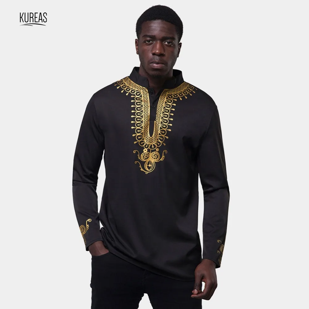 

Kureas Dashiki Men African Clothing Gold Print T Shirts Long Sleeve Tops Stand Collar Slim Fit Traditional Africa Clothes