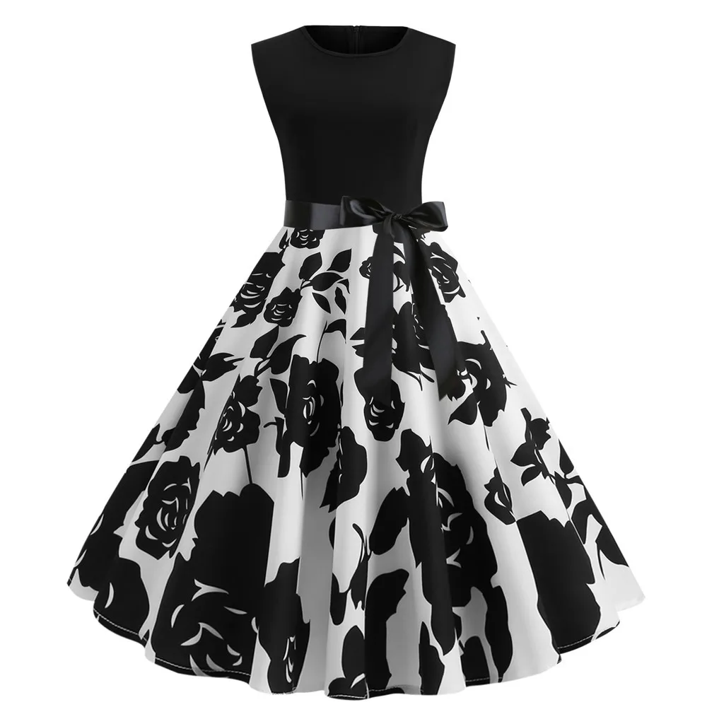 

2019 Summer Fashion Women Casual Elegant Sexy Black Patchwork Flower Print Dresses Plus Size Vintage Bandage Dress