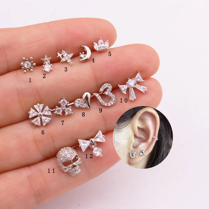 

Sellsets 1 Piece 20g Steel Barbell Star Heart Bow Skull Skeleton CZ Piercing Women Helix Tragus Cartilage Rook Lobe Studs