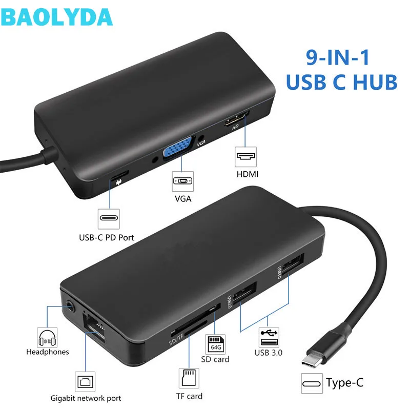 

Baolyda USB 3.1 Type C Hub 9-in-1 Type C to HDMI Hub Adapter Thunderbolt HDMI 4K VAG Gigabit LAN Dock Station for Macbook Pro