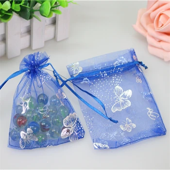 

2016 New Desgin Style 100pcs/lot 13x18cm Blue Butterfly Bronzing Organza Packaging Favor Small Drawstring Packaging Gift Bags