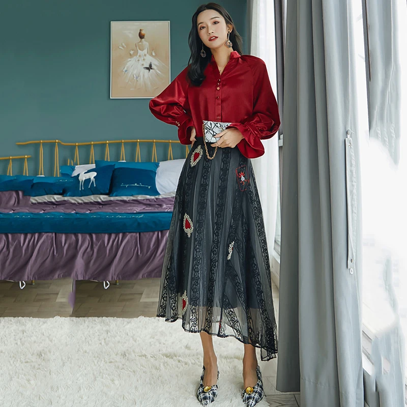 

2019 Office Ladies Wine Red V Neck Flare Sleeve Blouse And Black Lace Mesh Embroidery Skirt 2 Piece Set Women Work Two Piece Set