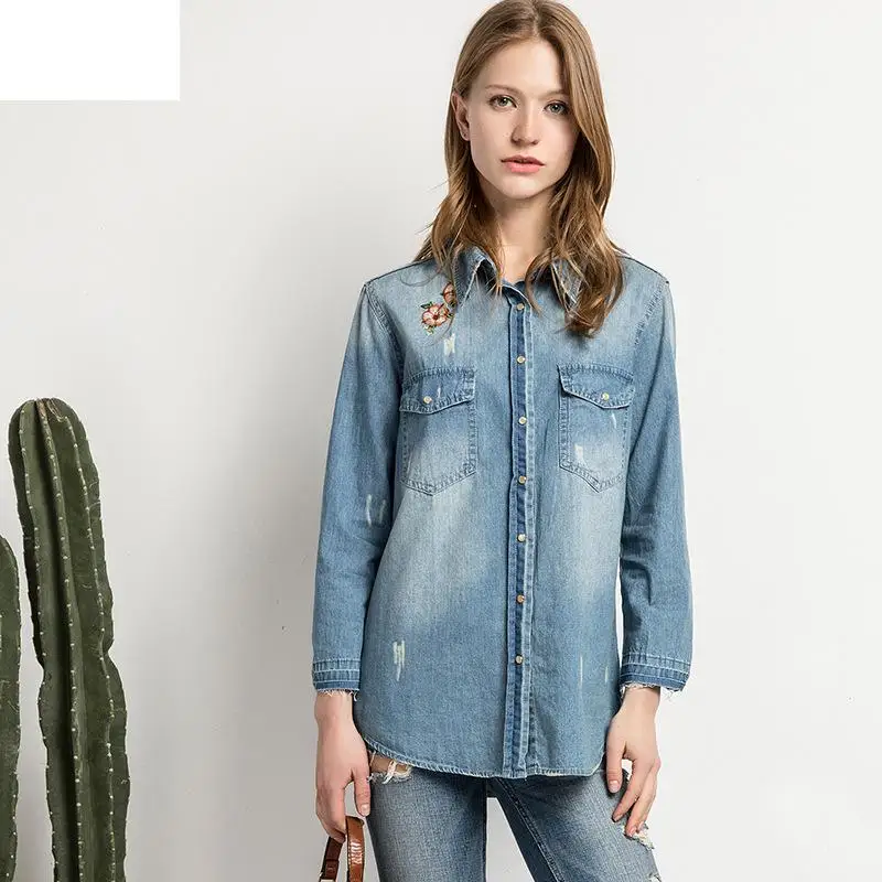 Blue Shirt Women Fashion Tops 2017 Denim New Europe Jeans Lapel Flower Print Long Embroidered Full Sleeves High Quality Cool