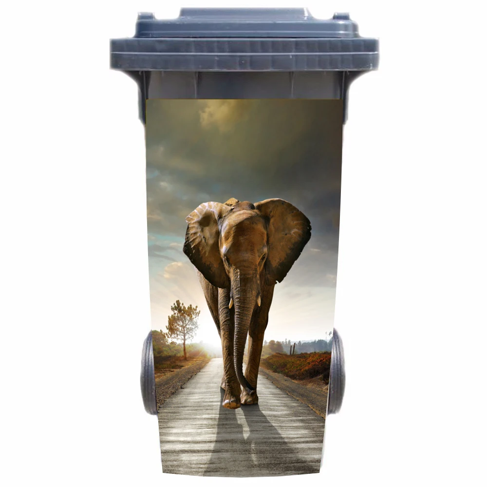

DIY elephant on the road Adhesive Removable Waterproof Sticker Decals Rubbish bin trash can Cover sticker 120liter 240liter