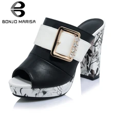 BONJOMARISA Big Size 32-42 Fashion Print Summer Mules Women Black Slippers slip-on Platform High Heels Shoes Woman Pumps bonjomarisa 2018 kid suede large size 33 40 women shoes woman slip on chunky heels mules pumps woman shoes