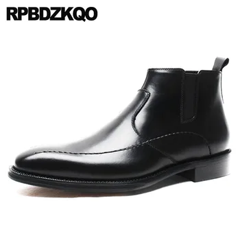 

Business Short Full Grain Leather Genuine Slip On Ankle Square Toe Formal Autumn Booties Mens Zipper Dress Boots Party Shoes