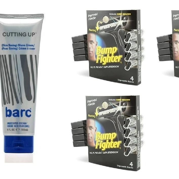 Barc Cutting Up, Unscented Shave Cream, 6 Oz + Bump Fighter for Men Disposable Razors 4 Ct (Pack of 3)