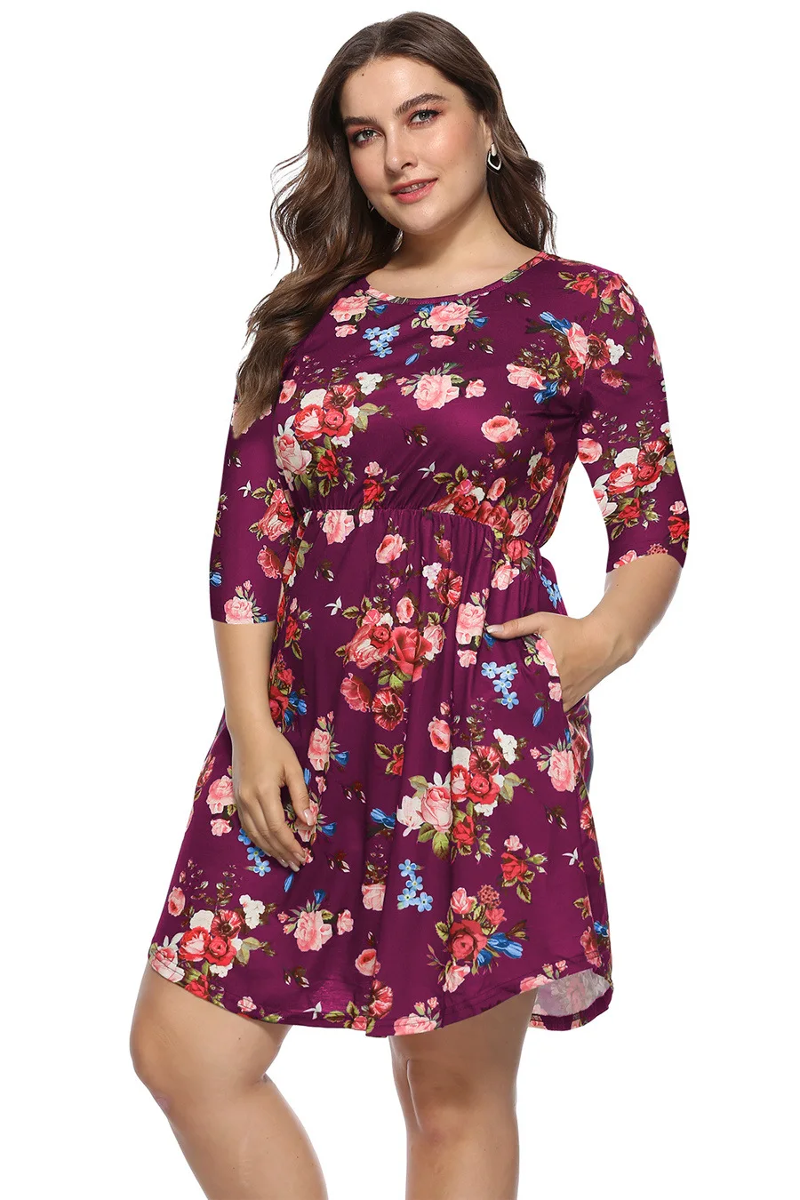Gladiolus Floral Print Women Summer Dress O-Neck 34 Sleeve Empire Waist Casual Knee-Length Dress Autumn Vestidos Plus Size 4XL  (10)