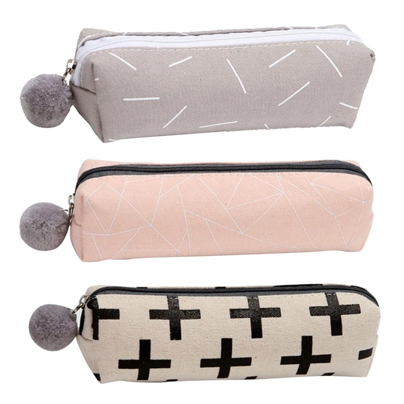 

2019 New Plush Ball Pencil Case For Girls Cute Canvas Cosmetic Bag Pen Bag Stationery Pouch Box Kids Gift Office Supplies